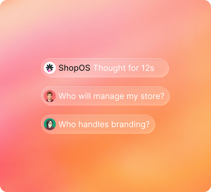 A peach gradient mini-card holding three chat bubble pills: 'ShopOS Thought for 12s' with the sparkle mark, 'Who will manage my store?' with a brown-haired user avatar, and 'Who handles branding?' with a pink-haired user avatar.