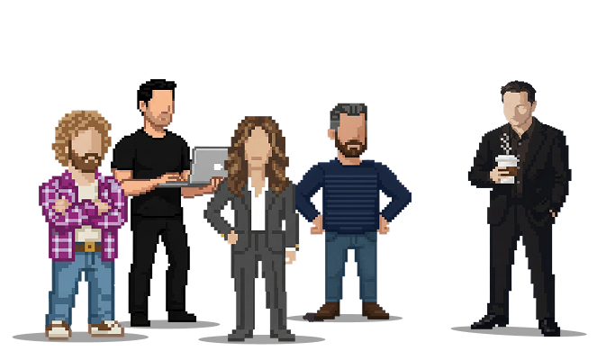 A pixel-art illustration of five team members standing together: a person in plaid holding a coffee, a person holding a laptop, a person in a blazer, a person in a striped shirt, and a person in a dark suit holding a coffee.